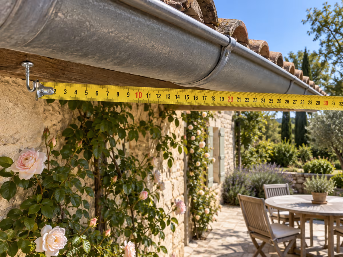 Mètre ruban déroulé le long d'une gouttière au-dessus d'une terrasse, extrémité arrimée à un crochet vissé sous l'avant-toit