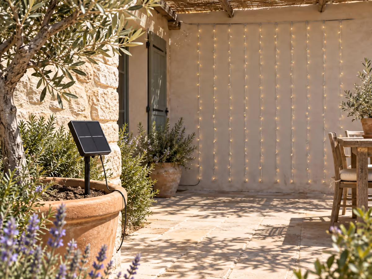Panneau solaire noir incliné sur son piquet planté dans un pot de terre au soleil, cordon descendant vers un rideau de diodes accroché au mur derrière