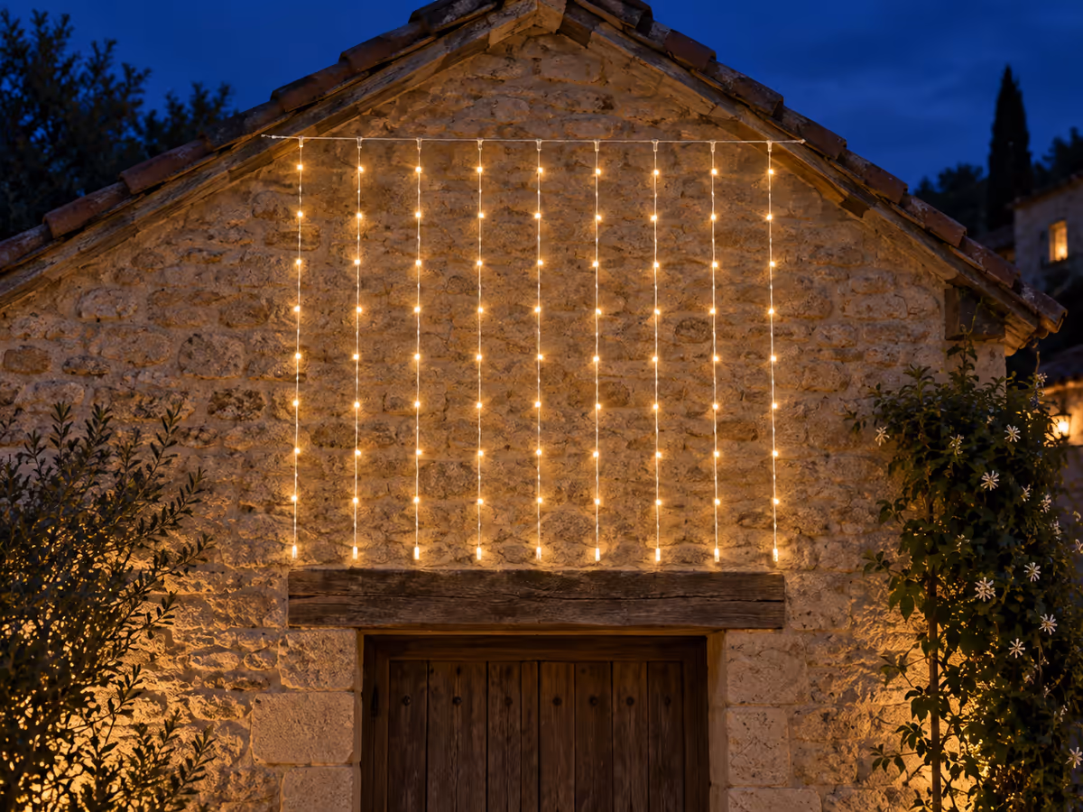Pignon de pierre le soir, rideau lumineux tendu sur toute la largeur du mur, colonnes de diodes jusqu'au-dessus de la porte