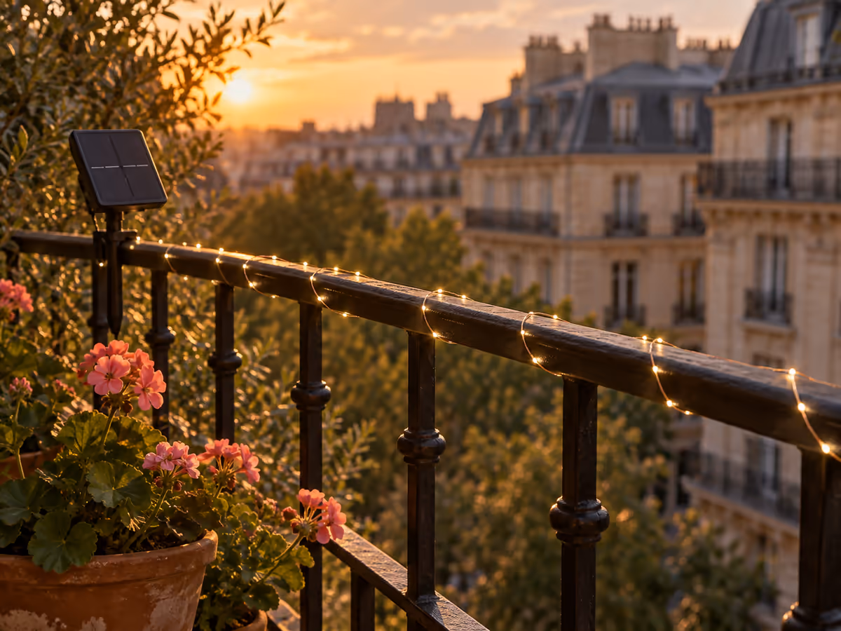 Rambarde métallique de balcon en fin d'après-midi, enroulée d'un fil fin à micro-diodes, points blanc chaud déjà visibles