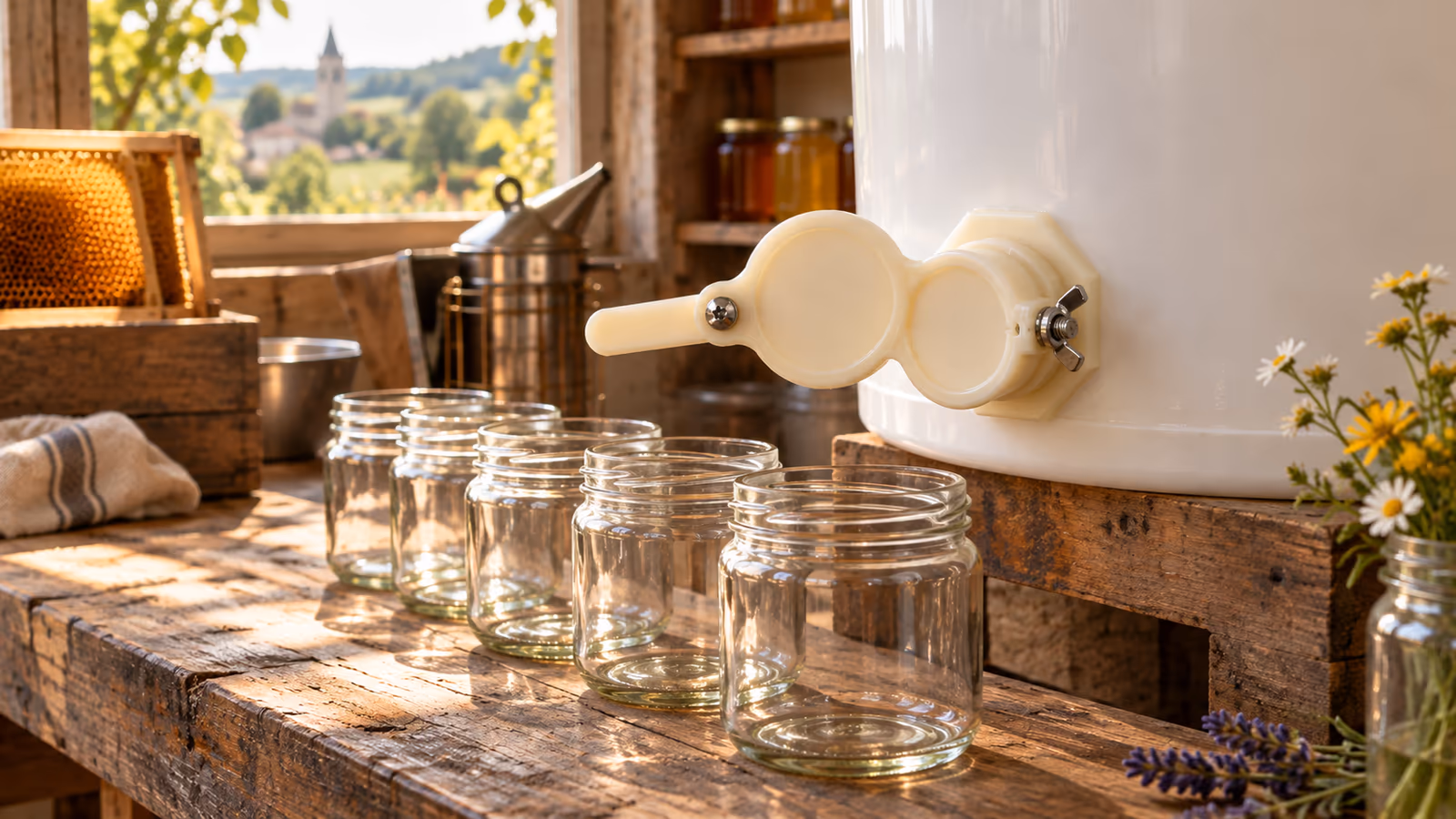 Seau de récolte posé sur un établi de rucher, robinet à levier blanc vissé près de la base, rangée de petits pots en verre face au bec verseur