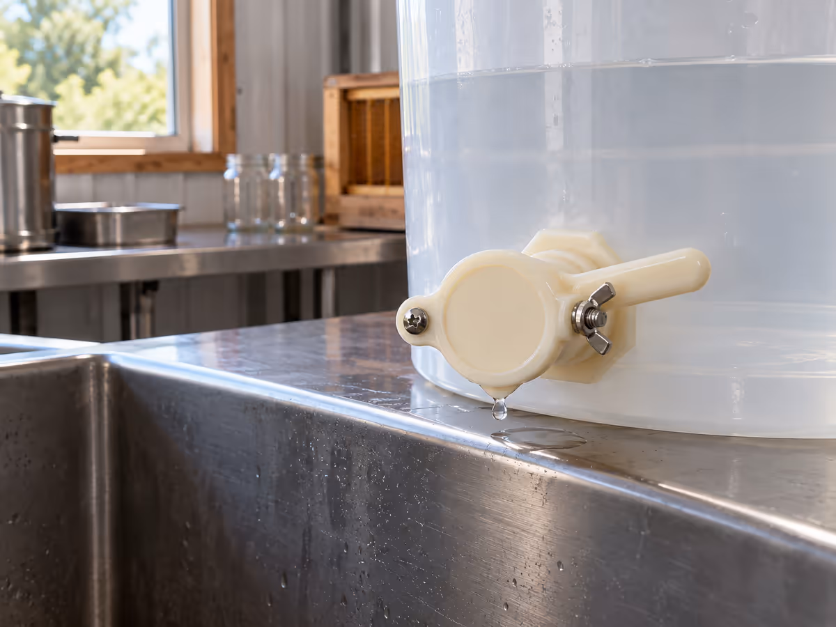 Seau translucide rempli d'eau posé au bord d'un évier, robinet blanc fermé vissé près de la base, goutte suspendue au bec verseur