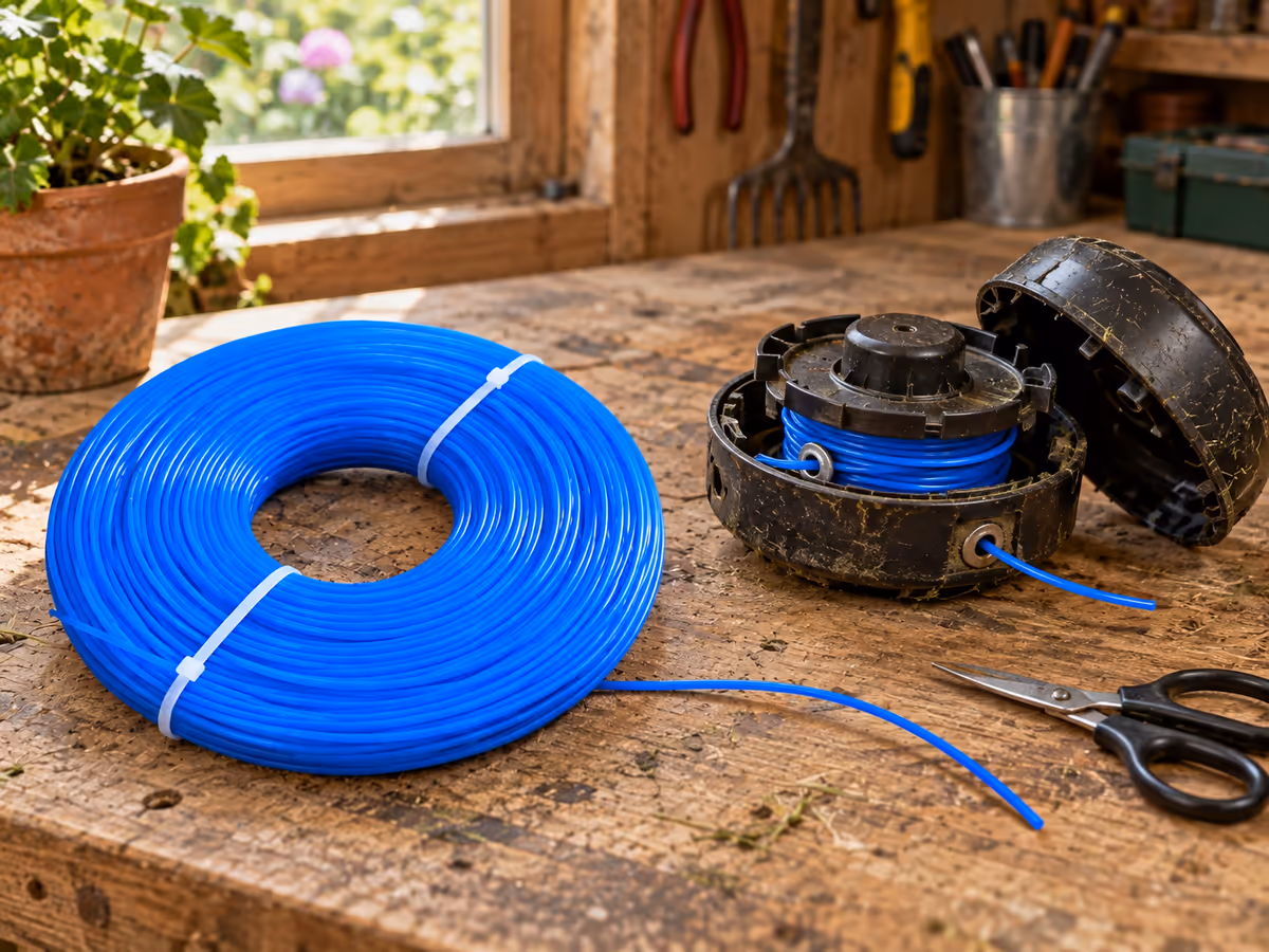 Rouleau de fil bleu posé sur un établi d'atelier, extrémité déroulée à côté d'une tête de coupe ouverte et de ses œillets