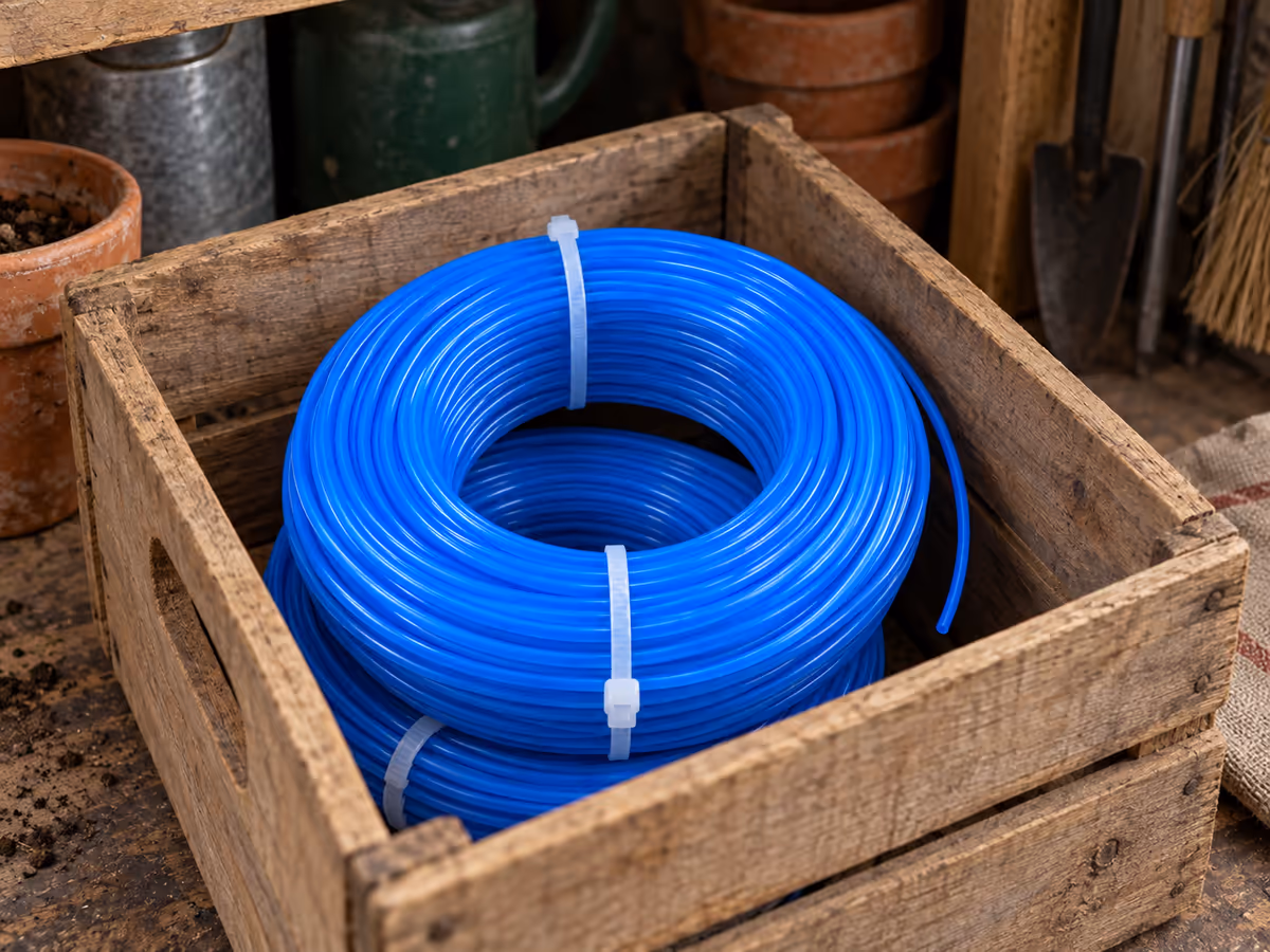 Rouleau de fil bleu maintenu par ses colliers, rangé à plat dans une caisse d'atelier en bois, à l'abri de la lumière