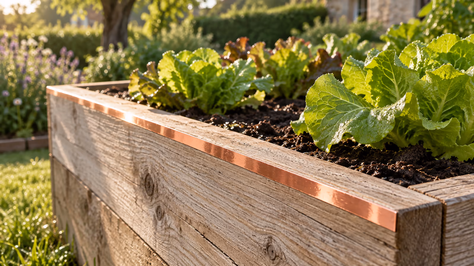 Ruban de cuivre collé sur le rebord d'un carré potager en bois, jeunes laitues derrière la planche, lumière rasante du matin