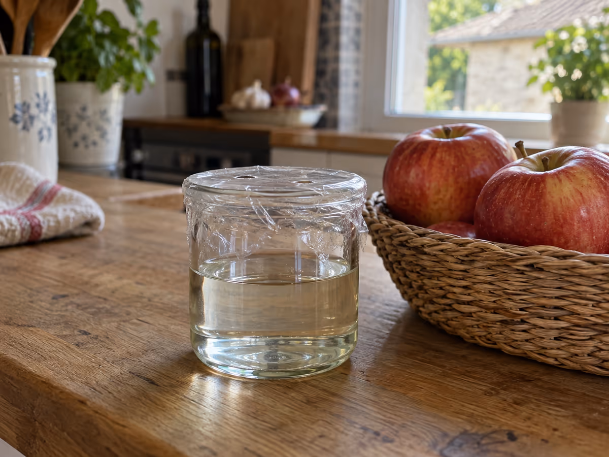 Petit bocal en verre rempli de vinaigre, film percé posé dessus, à côté d'un panier de pommes mûres sur un plan de travail