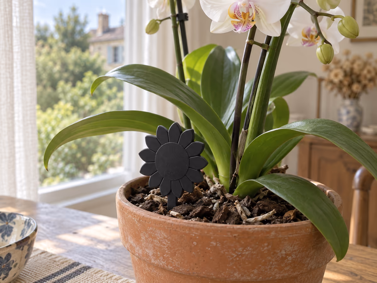 Plaque noire en forme de tournesol plantée sur son pic dans le terreau d'une orchidée posée près d'une fenêtre