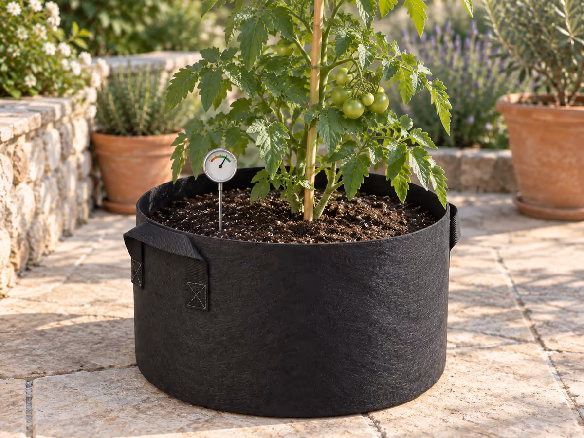 Jauge d'humidité enfoncée près de la paroi d'un sac de culture en textile, à mi-hauteur du substrat, sous un plant de tomate