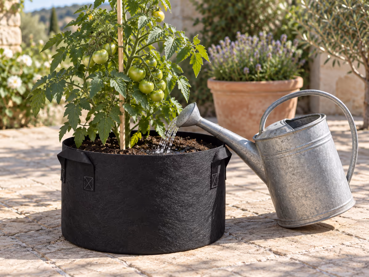 Deuxième passage d'arrosage versé lentement au pied d'un plant de tomate, dans un sac de culture en textile noir posé sur une terrasse