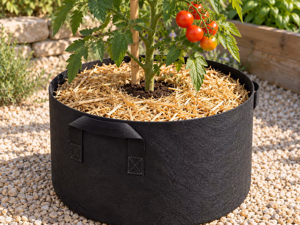 Paille hachée étalée sur la surface d'un sac de culture en textile noir, autour d'un pied de tomate déjà tuteuré