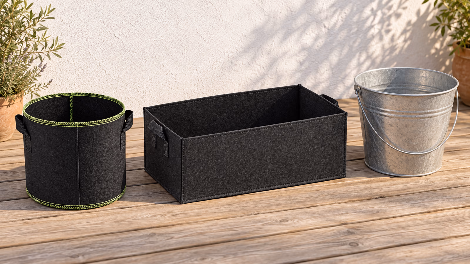 Trois contenants vides alignés sur une terrasse claire : un pot en tissu noir de 25 cm, un bac textile rectangulaire et un grand seau