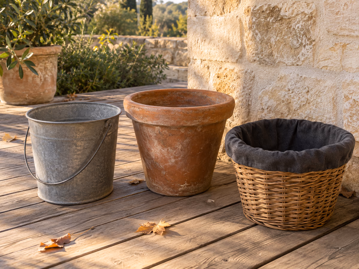 Contenants vides en attente sur une terrasse : un seau, un vieux pot à rebord et un panier doublé de toile sombre