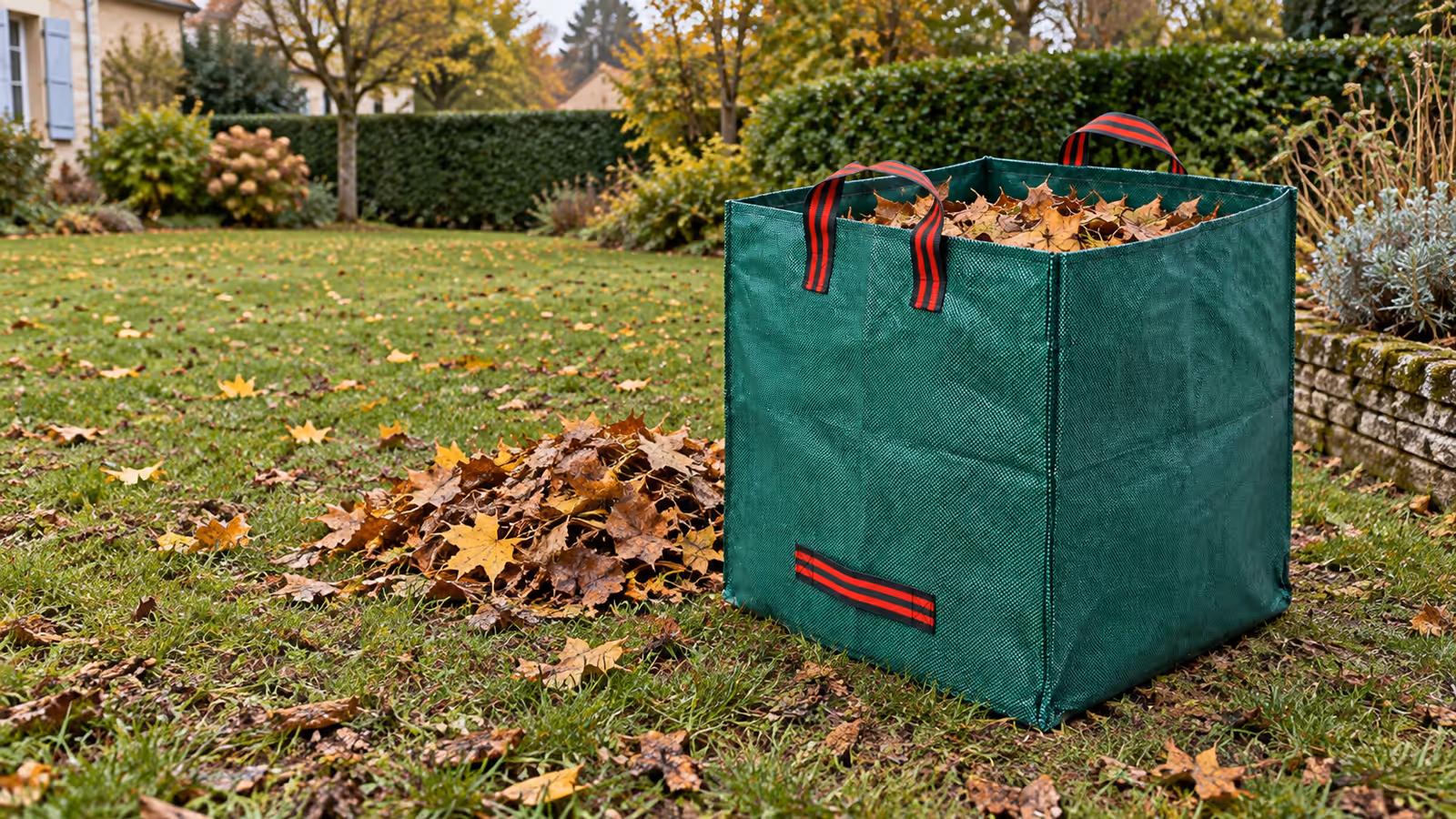 Feuilles mortes broyées sur une pelouse d'automne, sac de jardin de 270 litres en toile tissée posé à côté