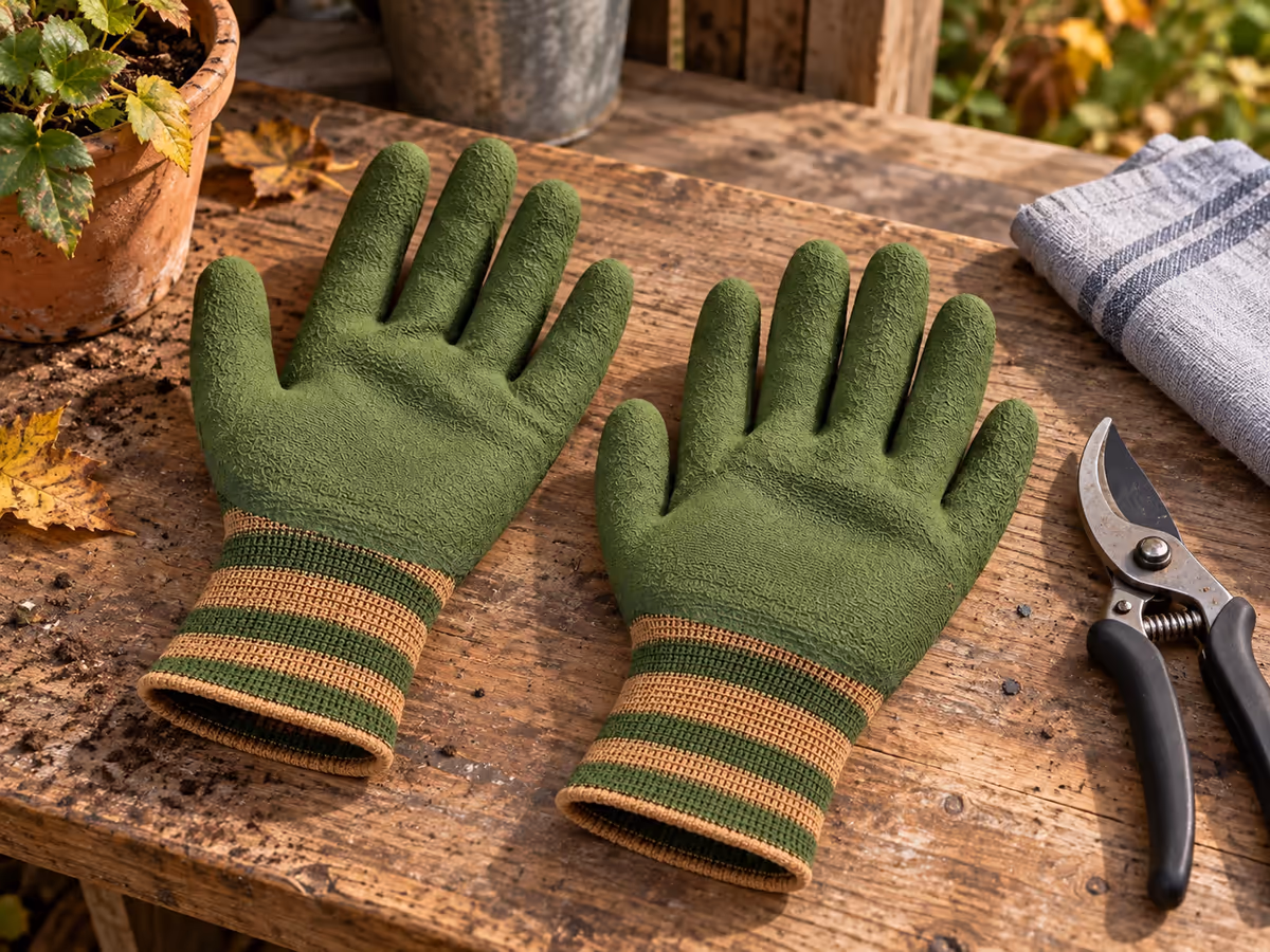 Paire de gants de jardinage verts posés à plat sur un établi de jardin, paumes vers le haut, un sécateur et un chiffon rangés à côté
