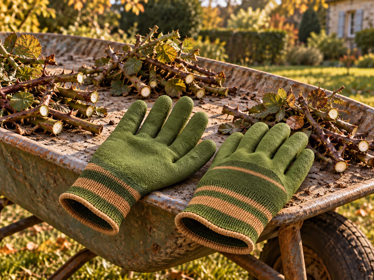 Branches de ronce épineuses coupées en petits tas sur une brouette de jardin, gants verts à paume grenue posés sur le bord, lumière rasante de fin d'après-midi