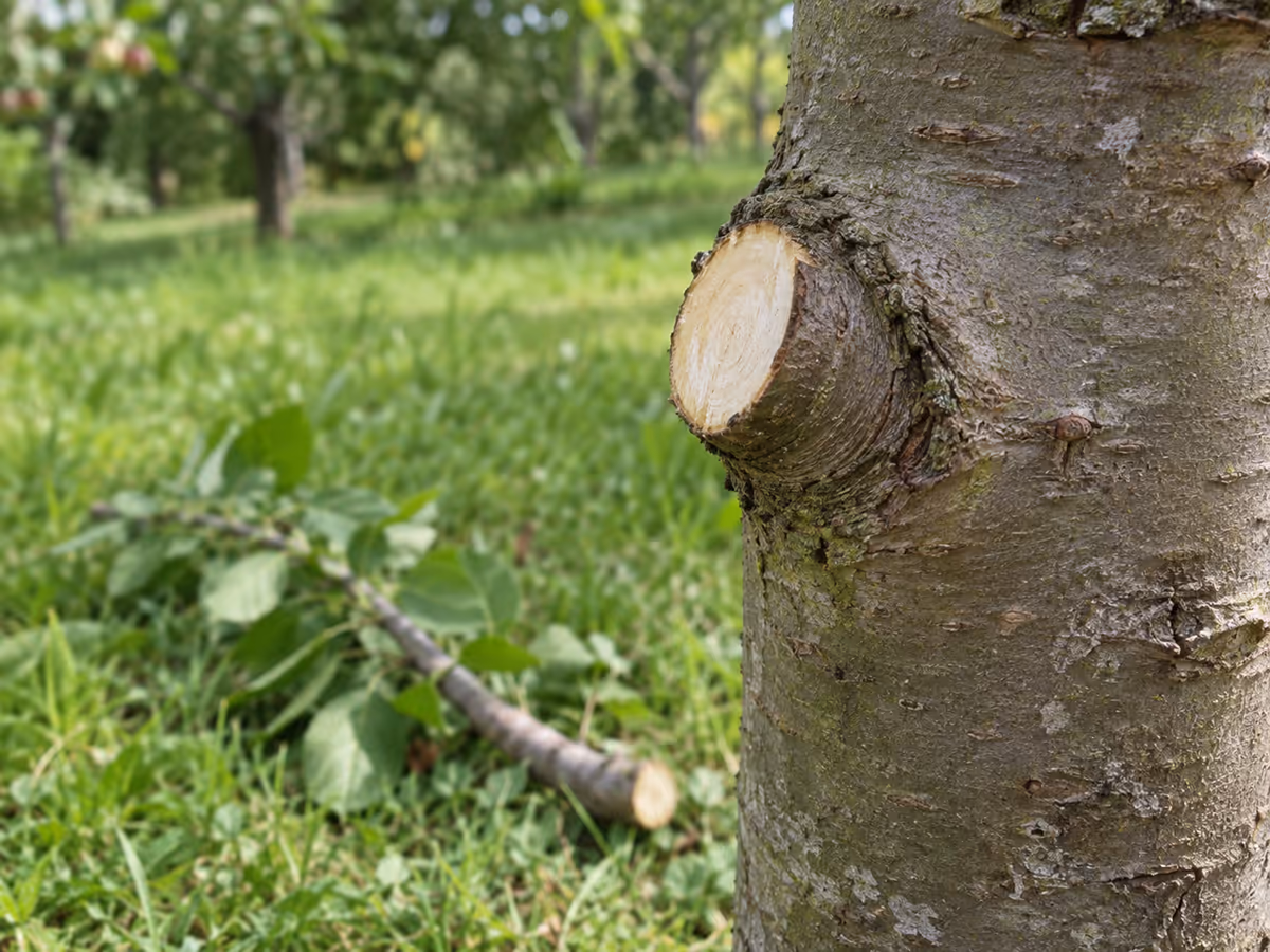 Base d'une branche coupée sur un tronc de pommier, coupe nette juste au-dessus du bourrelet, bois clair visible