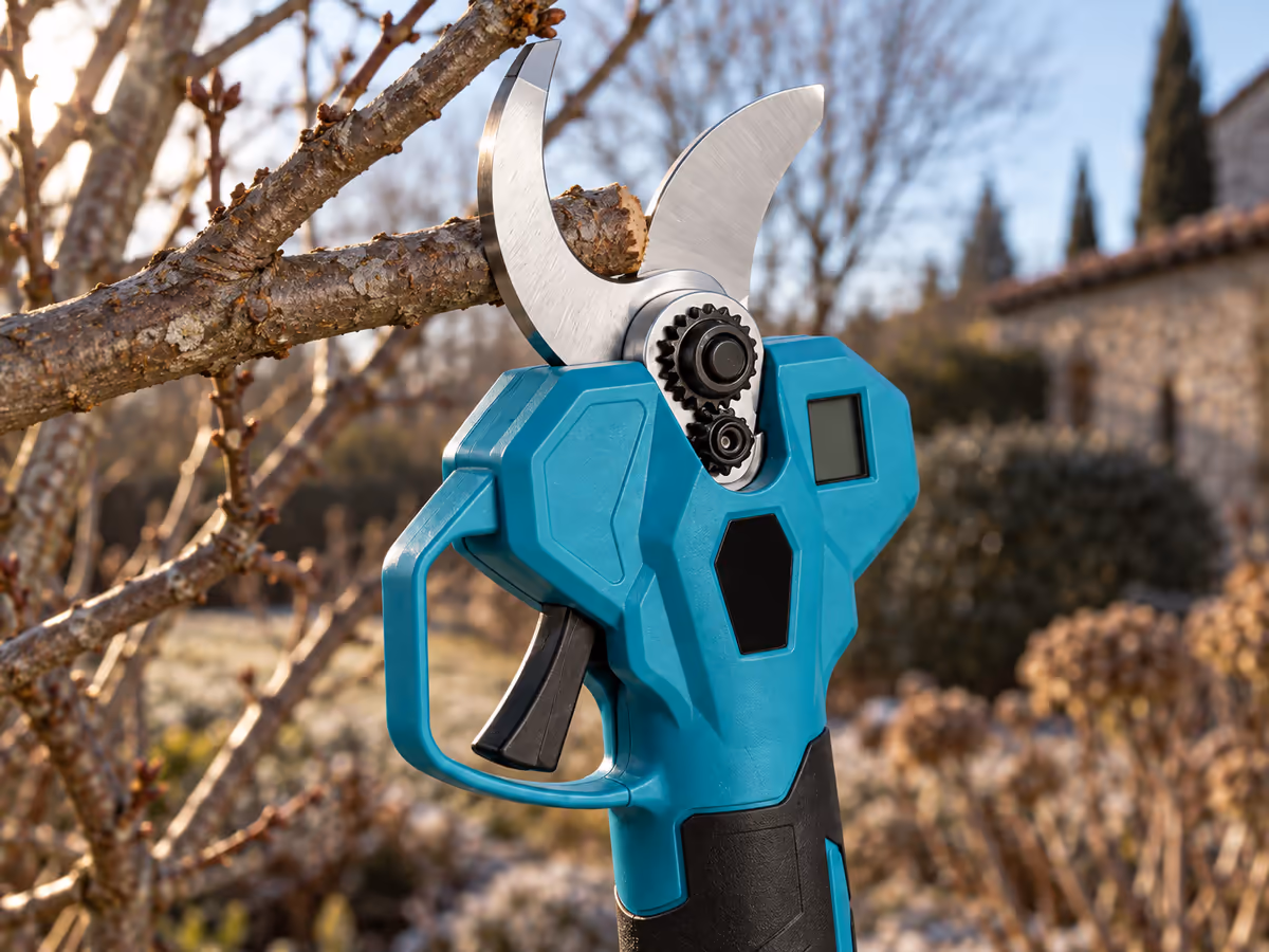 Lame de sécateur électrique grande ouverte au-dessus d'une branche d'arbuste, lumière rasante de fin d'hiver