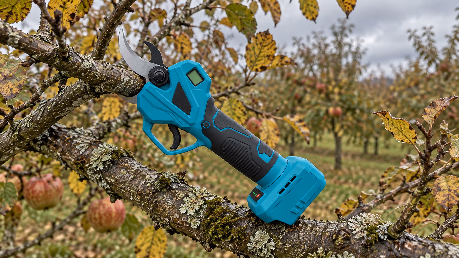 Sécateur électrique posé sur une branche de pommier en octobre, lames ouvertes, feuillage jauni et ciel gris en arrière-plan