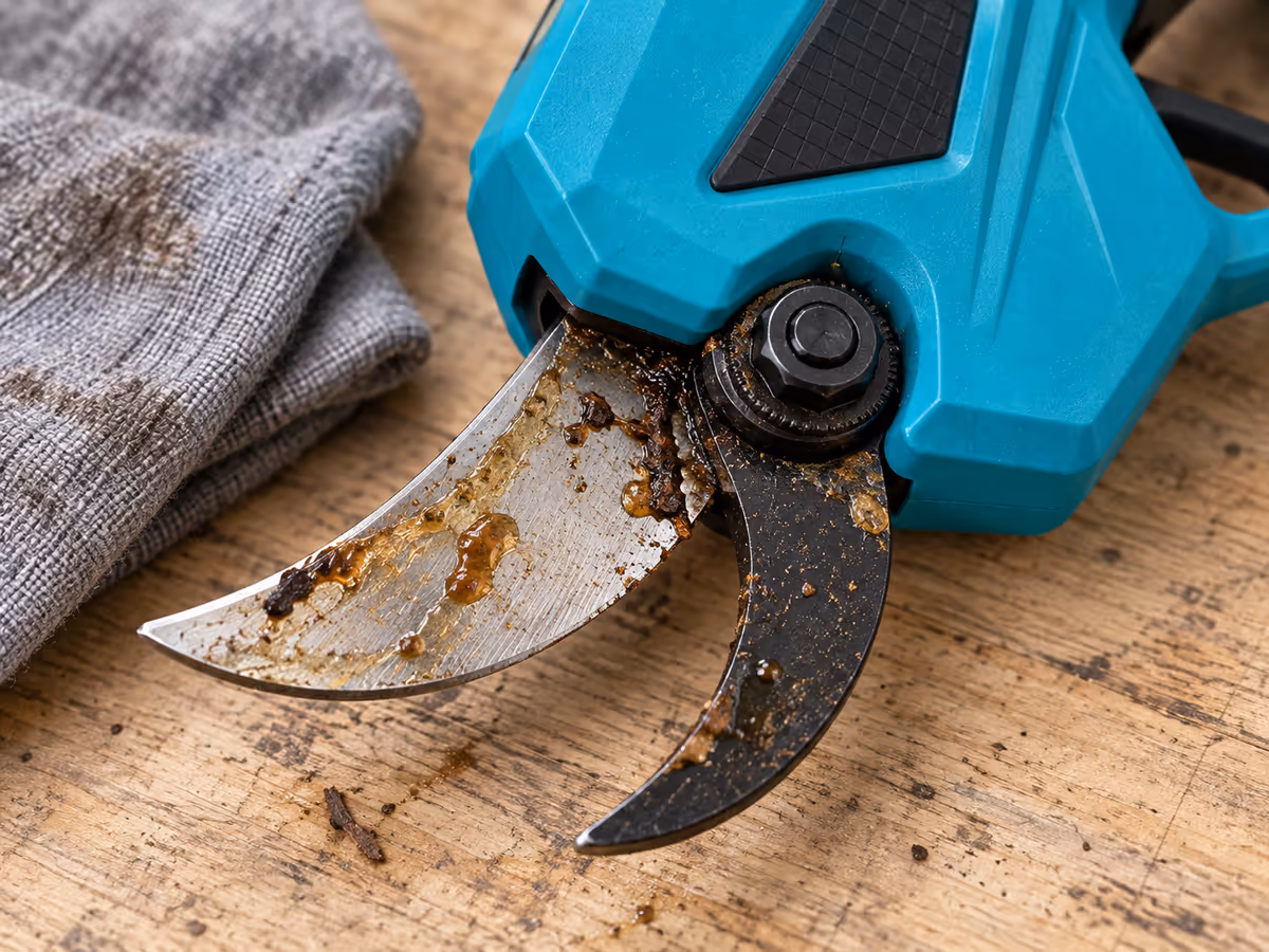 Gros plan sur une lame de sécateur électrique marquée de résine séchée et de traces de sève, sur un établi en bois clair