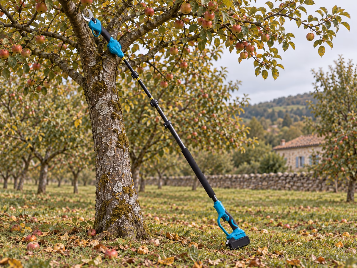 Perche de taille électrique déployée sous les branches hautes d'un arbre, tube télescopique tendu vers le houppier