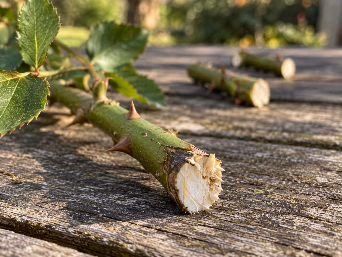 Rameau de rosier sectionné posé sur une table de jardin en bois, face de coupe blanche et fibres arrachées sur un côté