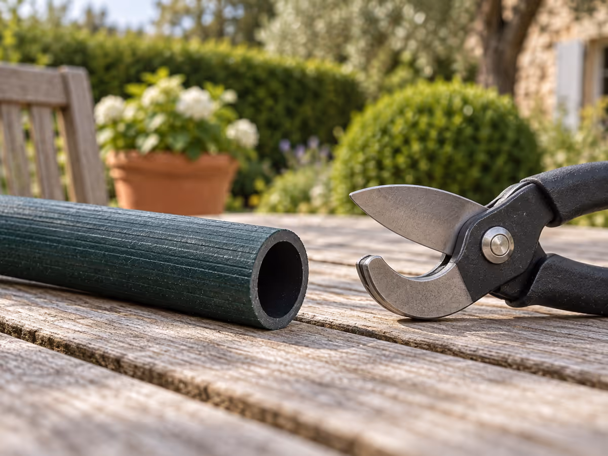 Coupe nette et perpendiculaire d'un tuyau d'arrosage vert de 19 mm au-dessus d'une table de jardin avec un outil spécifique