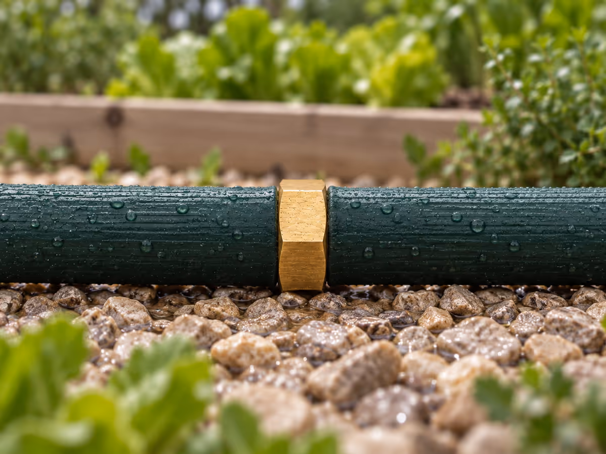Contrôle visuel d'un manchon de raccordement en laiton sec, monté entre deux tuyaux verts, lors de la mise en eau