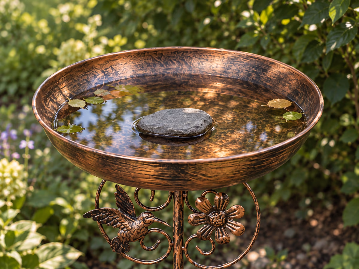 Vasque de métal patiné à l'ombre d'un buisson, eau claire et pierre plate au centre, fin d'après-midi