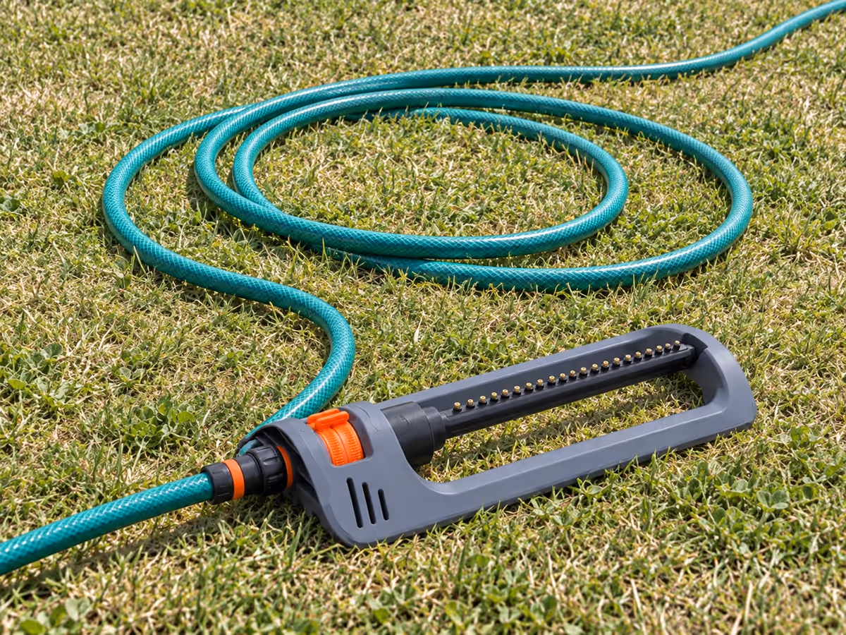 Tuyau d'arrosage vert enroulé sur une pelouse en plein soleil, arroseur oscillant raccordé au premier plan, ombre courte de milieu de journée