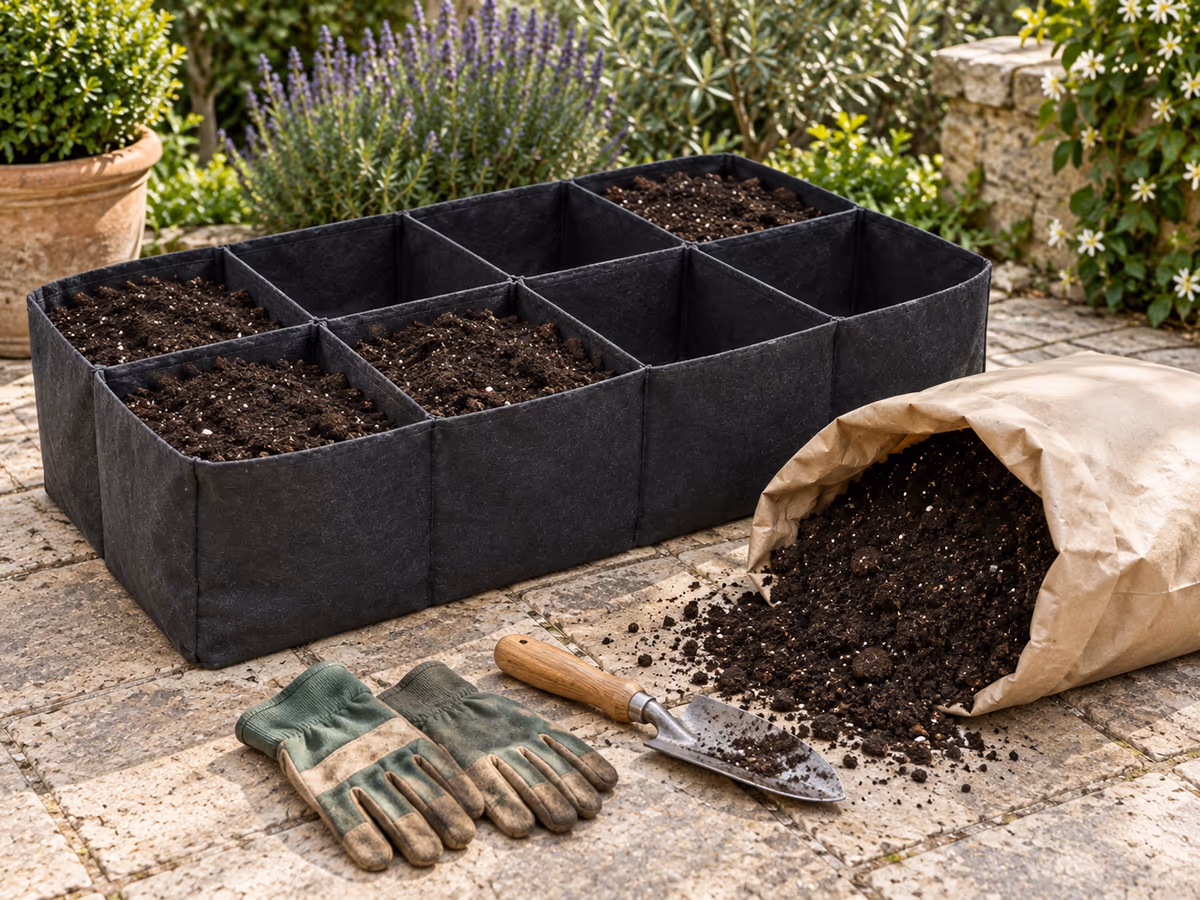 Sac de terreau ouvert posé près d'un bac en feutre à huit cellules à demi remplies, pelle et gants de jardin posés sur la dalle