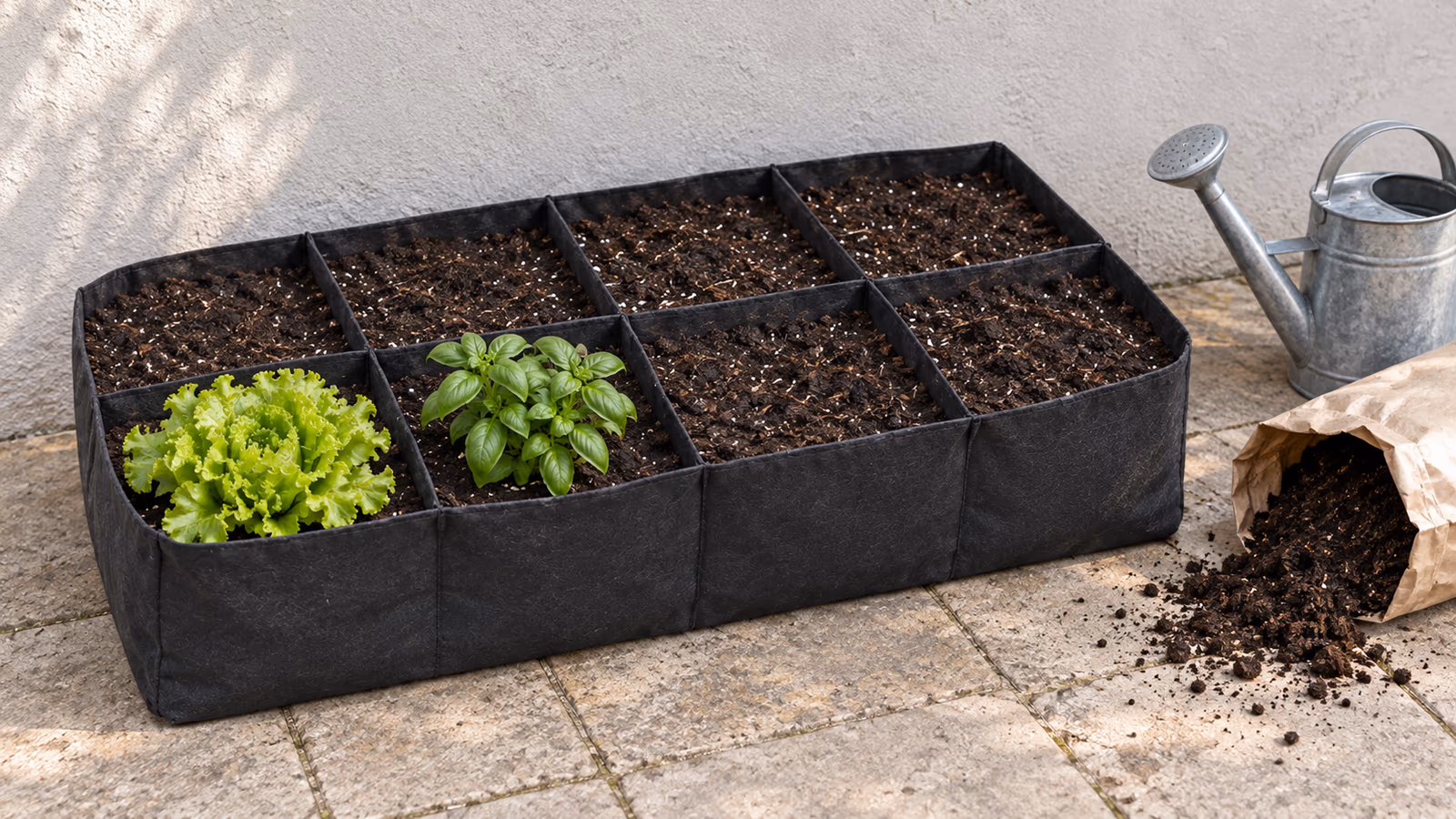 Bac potager en feutre noir à huit compartiments posé au sol contre le mur d'une terrasse, cellules remplies de terreau humide, arrosoir et sac de terreau ouvert à côté