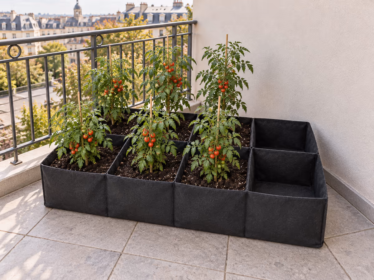 Bac potager en feutre à huit cellules installé le long d'un mur de balcon, plants de tomates tuteurés, espace libre laissé sur le côté