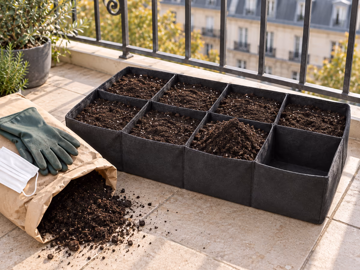 Terreau humidifié versé dans une cellule de bac en feutre, gants en caoutchouc et masque posés sur le sac de terreau, balcon ouvert en arrière-plan