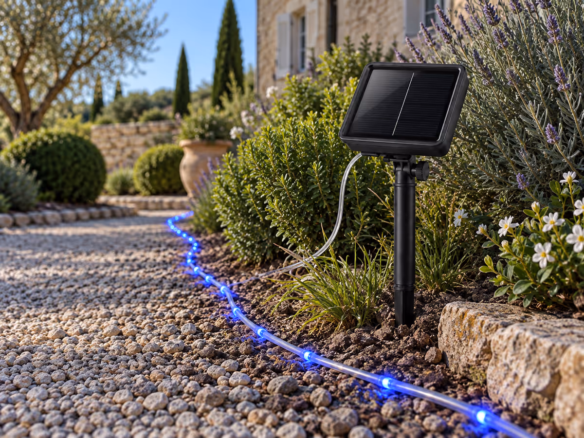 Panneau solaire de corde lumineuse sans feuille ni flaque d'eau autour du piquet
