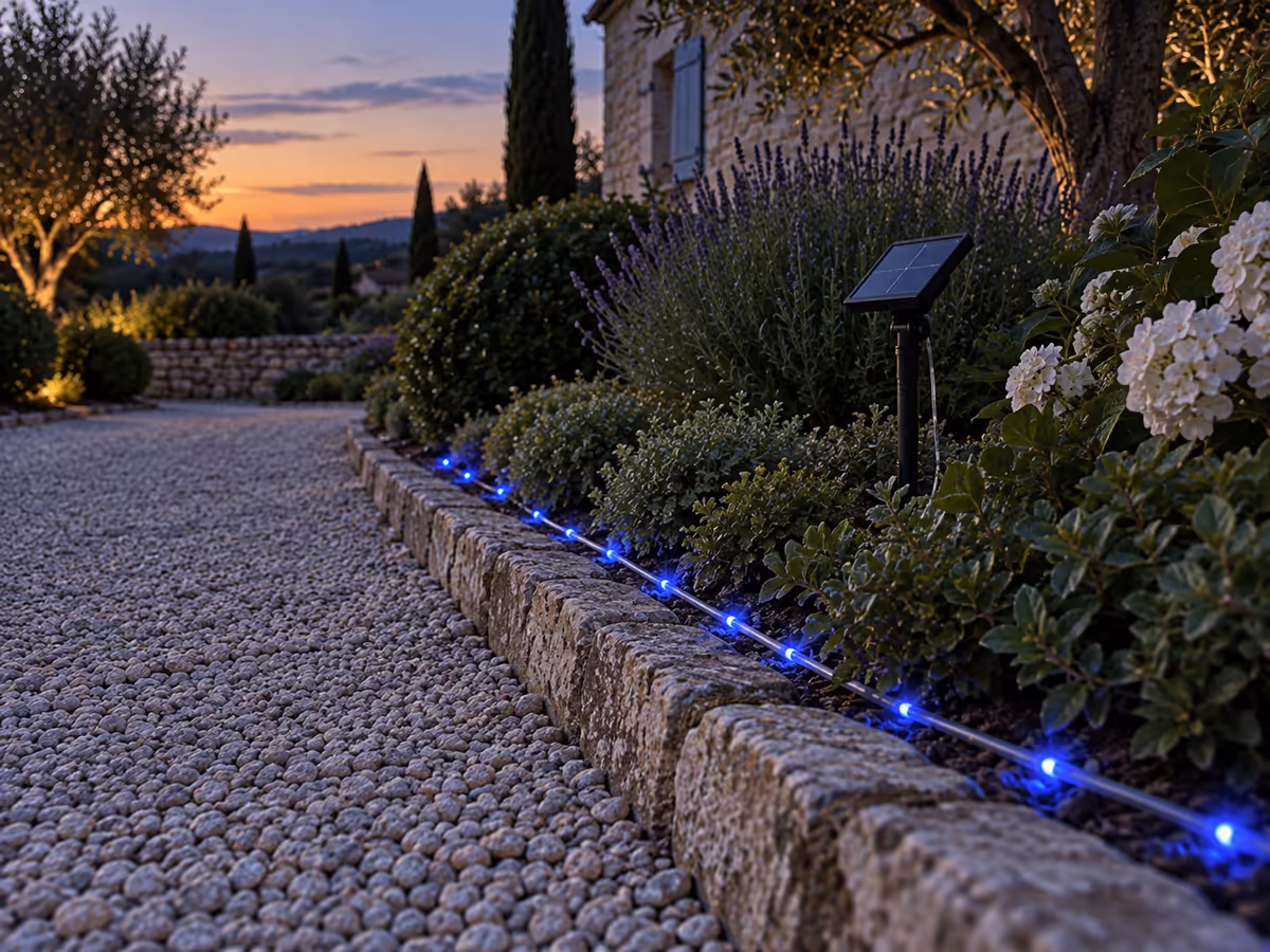 Corde lumineuse bleue posée en retrait d'une allée pour éviter les trébuchements