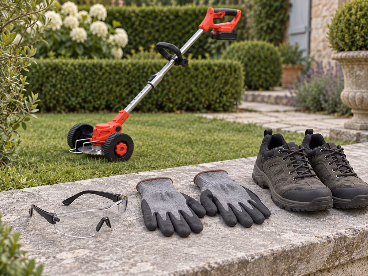 Lunettes de protection enveloppantes, gants de jardinage et chaussures fermées posés sur une dalle, coupe-bordure compact en arrière-plan flou
