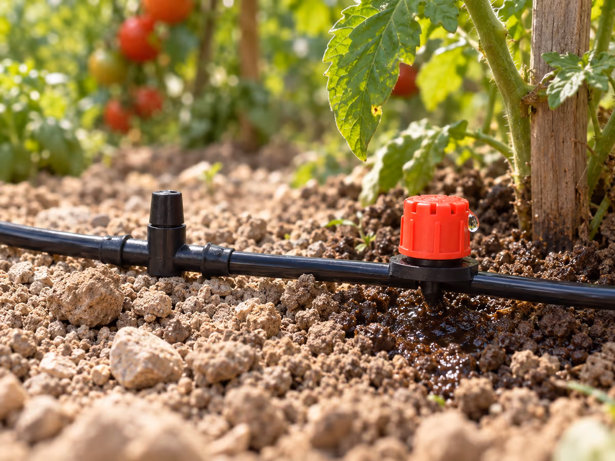 Raccord en T noir emboîté sur un tuyau noir d'arrosage au sol, goutteur rouge enfoncé à quelques centimètres, sol sec autour d'une tache humide au pied d'un plant de tomate