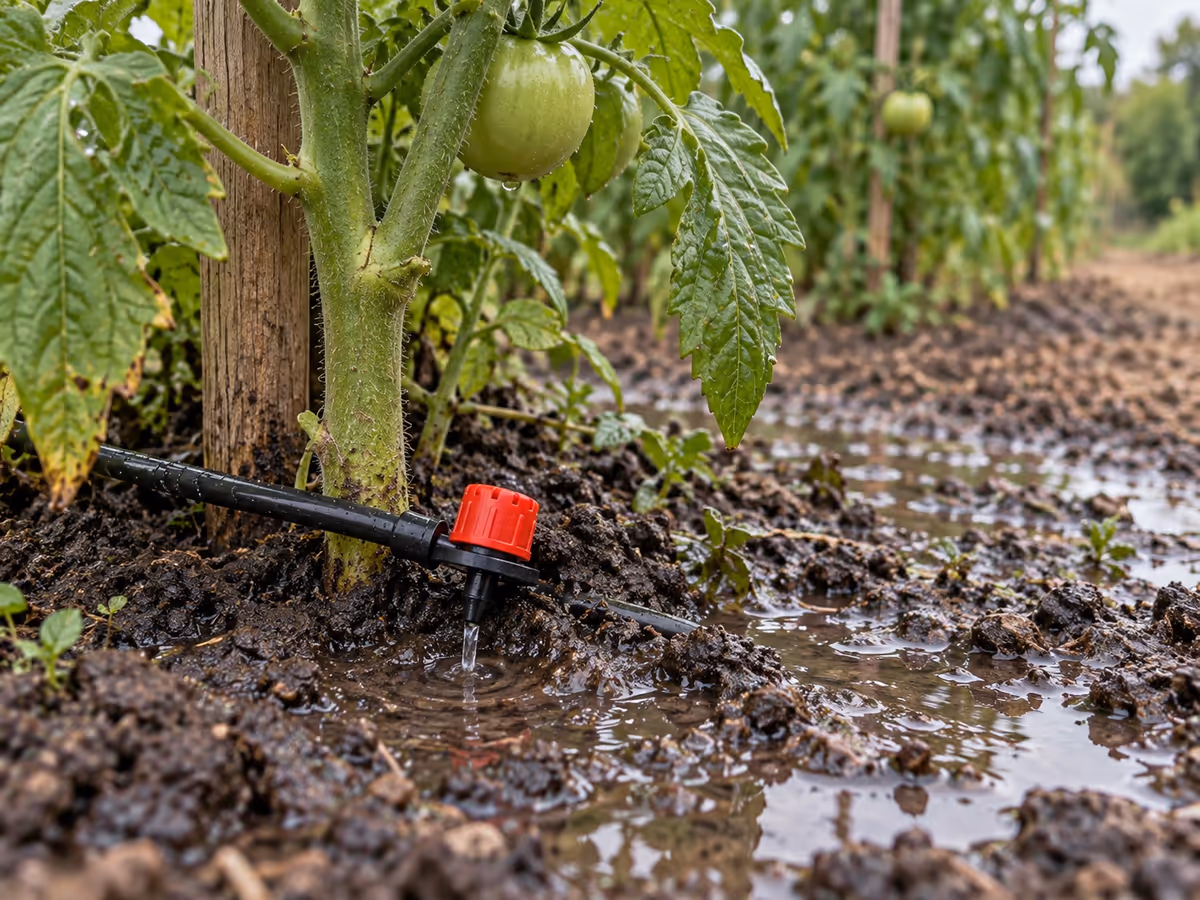Pied de tomate dans une terre détrempée, goutteur rouge laissé ouvert au collet de la plante, feuillage vert et sol luisant d'eau entre les rangs
