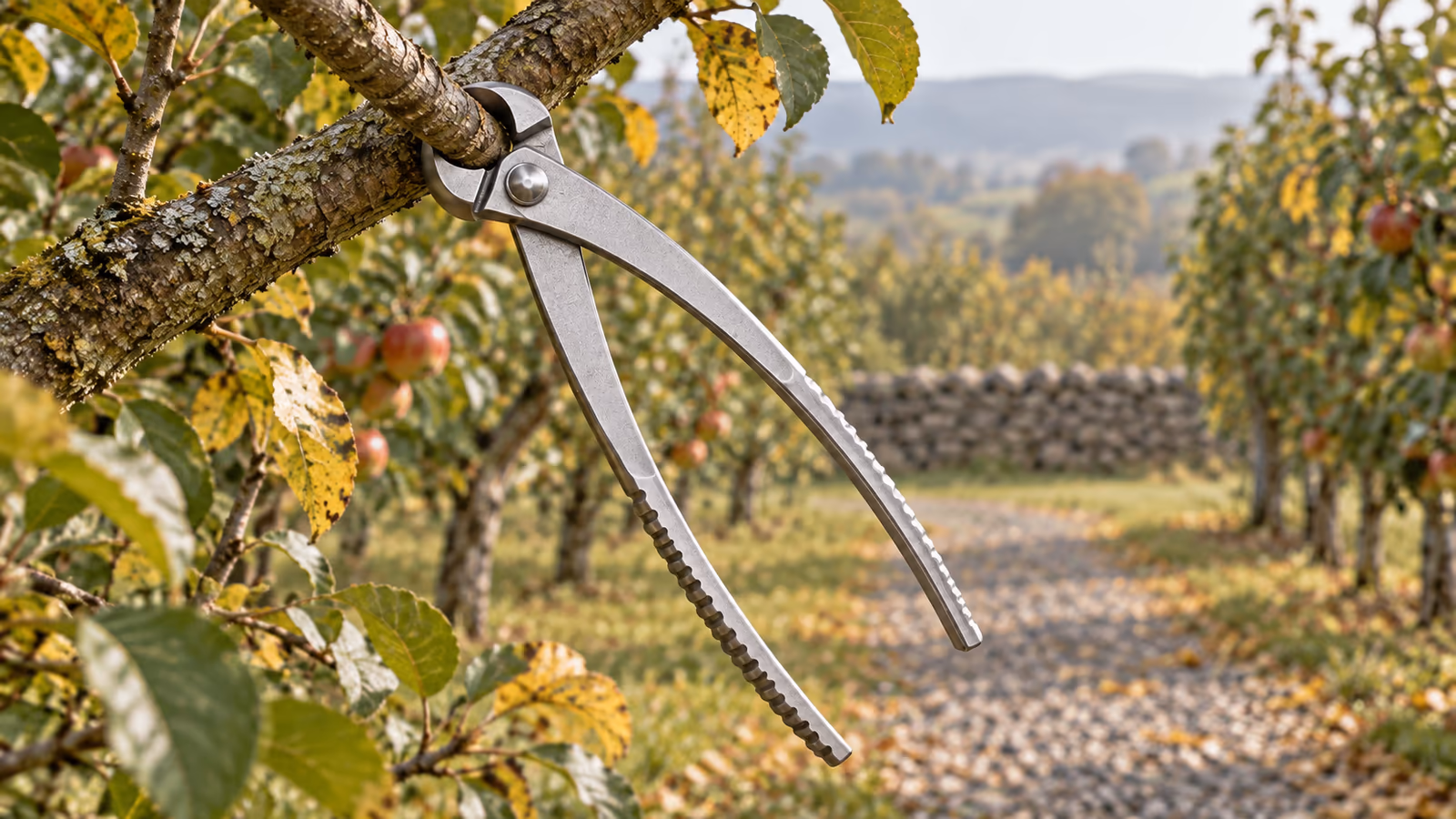 Gros sécateur manuel en acier inoxydable engagé profondément dans une branche épaisse de pommier, dans un verger en automne