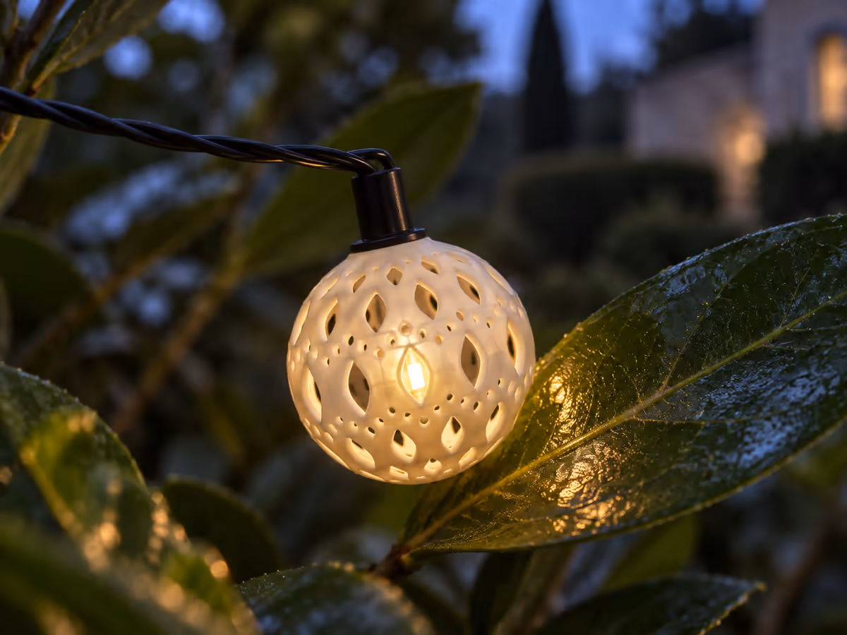 Gros plan sur une boule marocaine lumineuse touchant une feuille verte sans la brûler