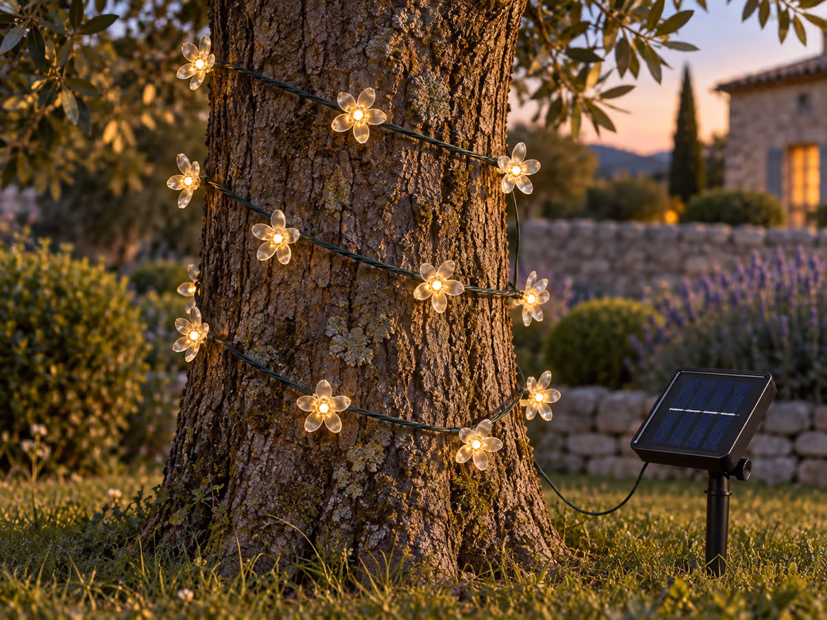 Une guirlande lumineuse enroulée avec des boucles amples autour d'un tronc d'arbre de taille moyenne
