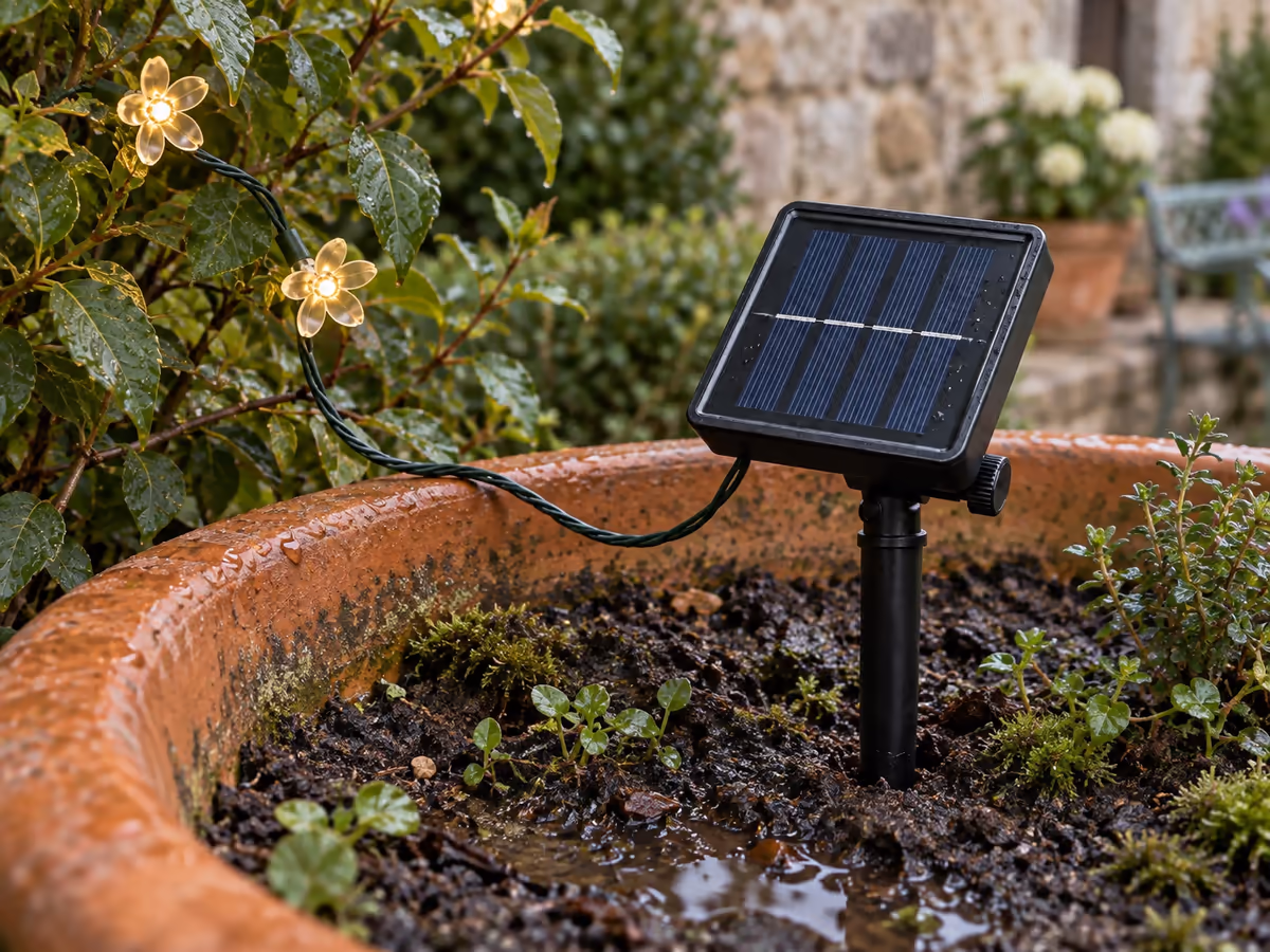 Un petit panneau solaire planté dans la terre d'une jardinière, surélevé par rapport au sol humide