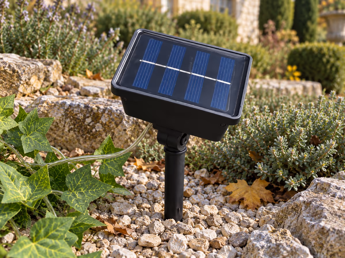 Panneau solaire de guirlande planté dans un sol bien drainé, sans flaque