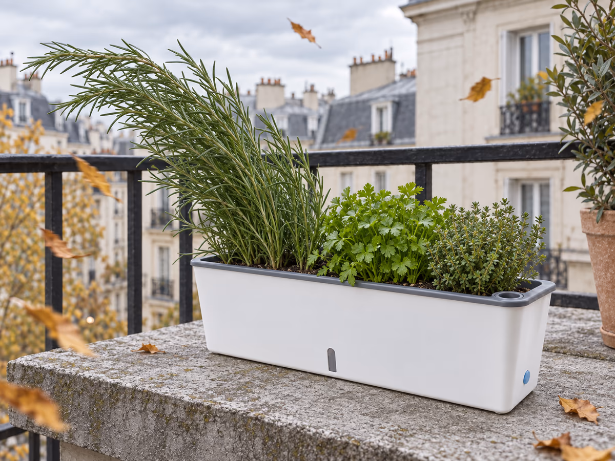 Plant aromatique haut penché par le vent sur une jardinière posée en tablette de balcon, ciel couvert et façade d'immeuble