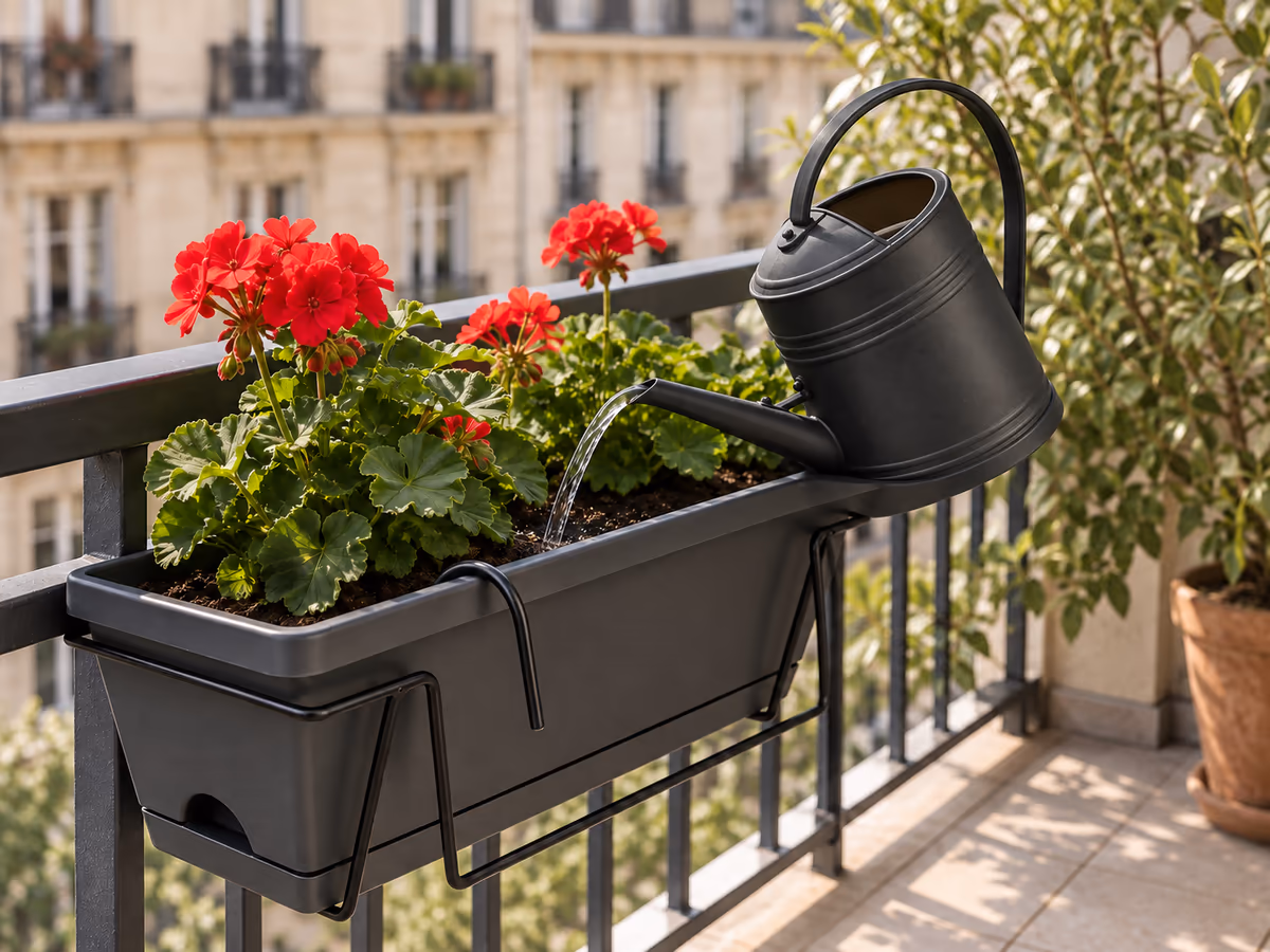 Arrosoir à bec long versé depuis l'intérieur d'un balcon vers le bac d'une jardinière de rambarde, sans que le corps dépasse la lisse