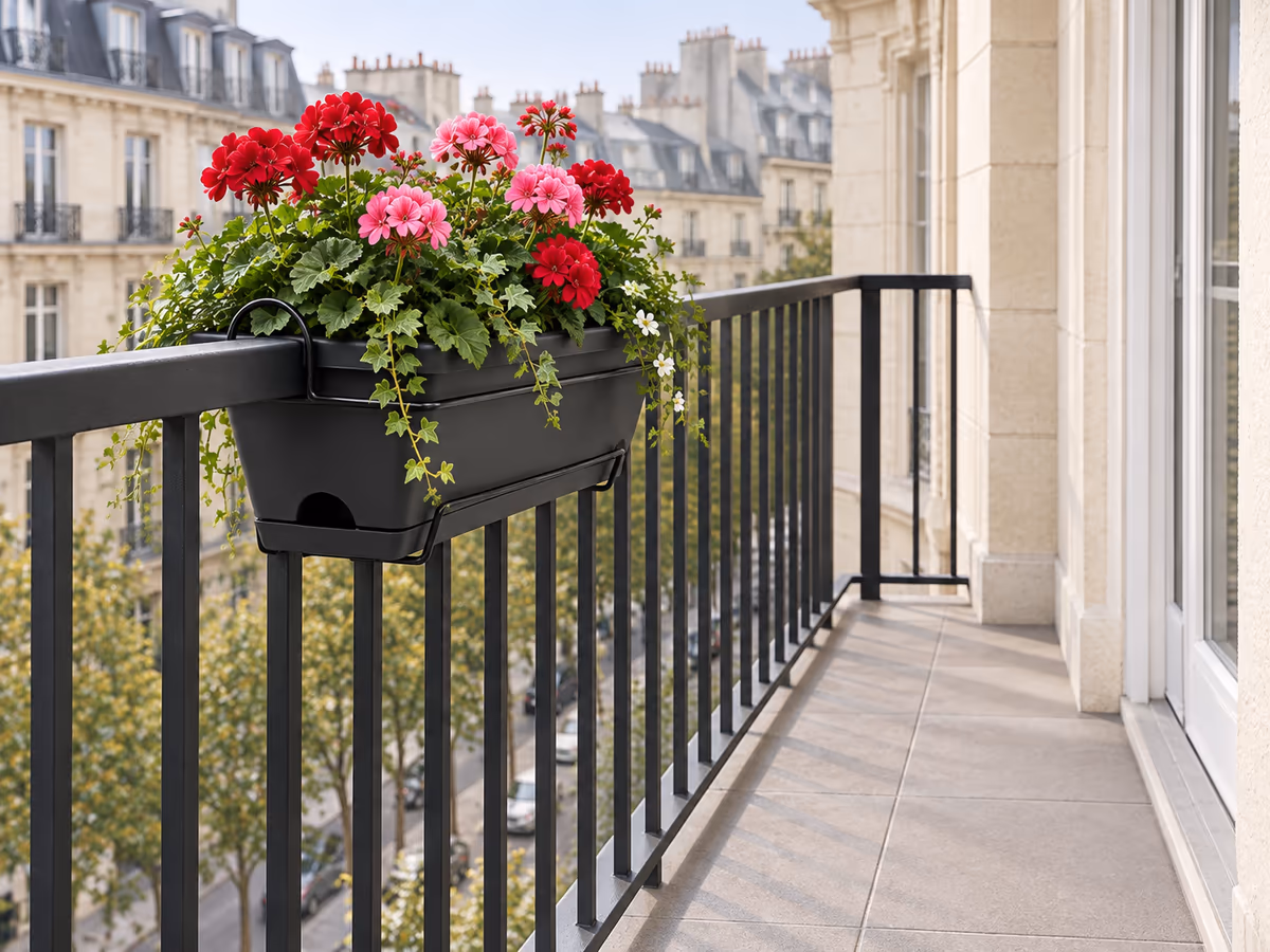 Dalle de balcon dégagée le long d'un garde-corps métallique, jardinière garnie en hauteur dans son support et aucun objet posé au sol devant la lisse