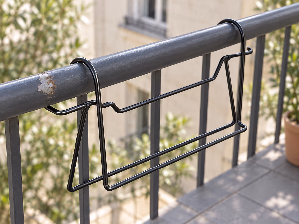 Gros plan sur le dessus d'une lisse métallique de balcon avec les deux crochets ouverts d'un support filaire posé à vide, peinture écaillée sur une zone