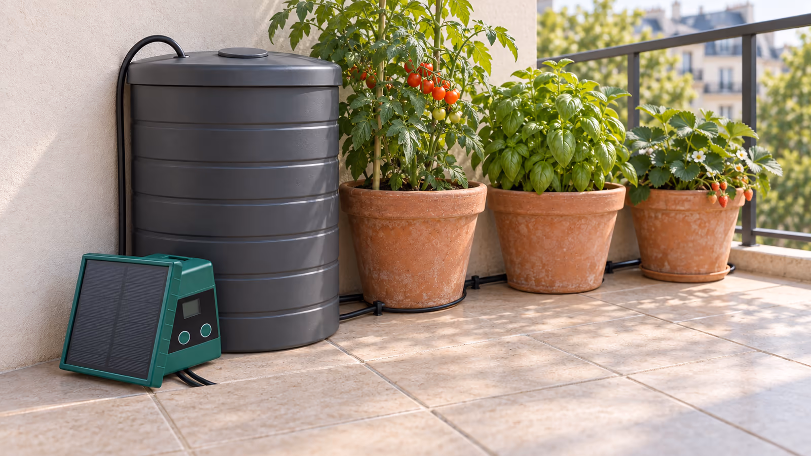 Kit d'arrosage solaire posé contre un mur de balcon, bloc à panneau solaire au pied d'un récupérateur d'eau couvert, tuyau noir courant le long de jardinières