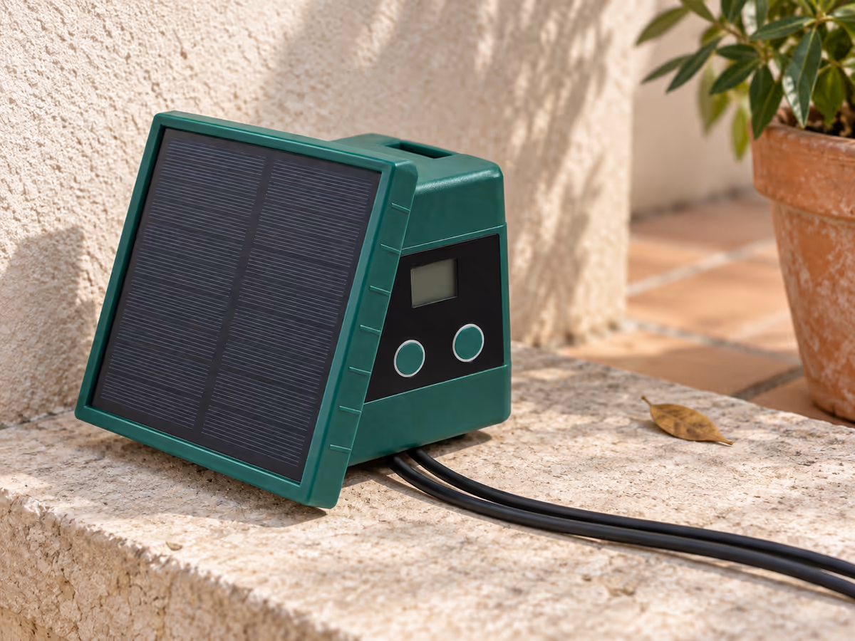 Bloc de commande vert olive à écran LCD et deux boutons, panneau solaire carré relié par un câble, posé sur une dalle propre au pied d'un mur