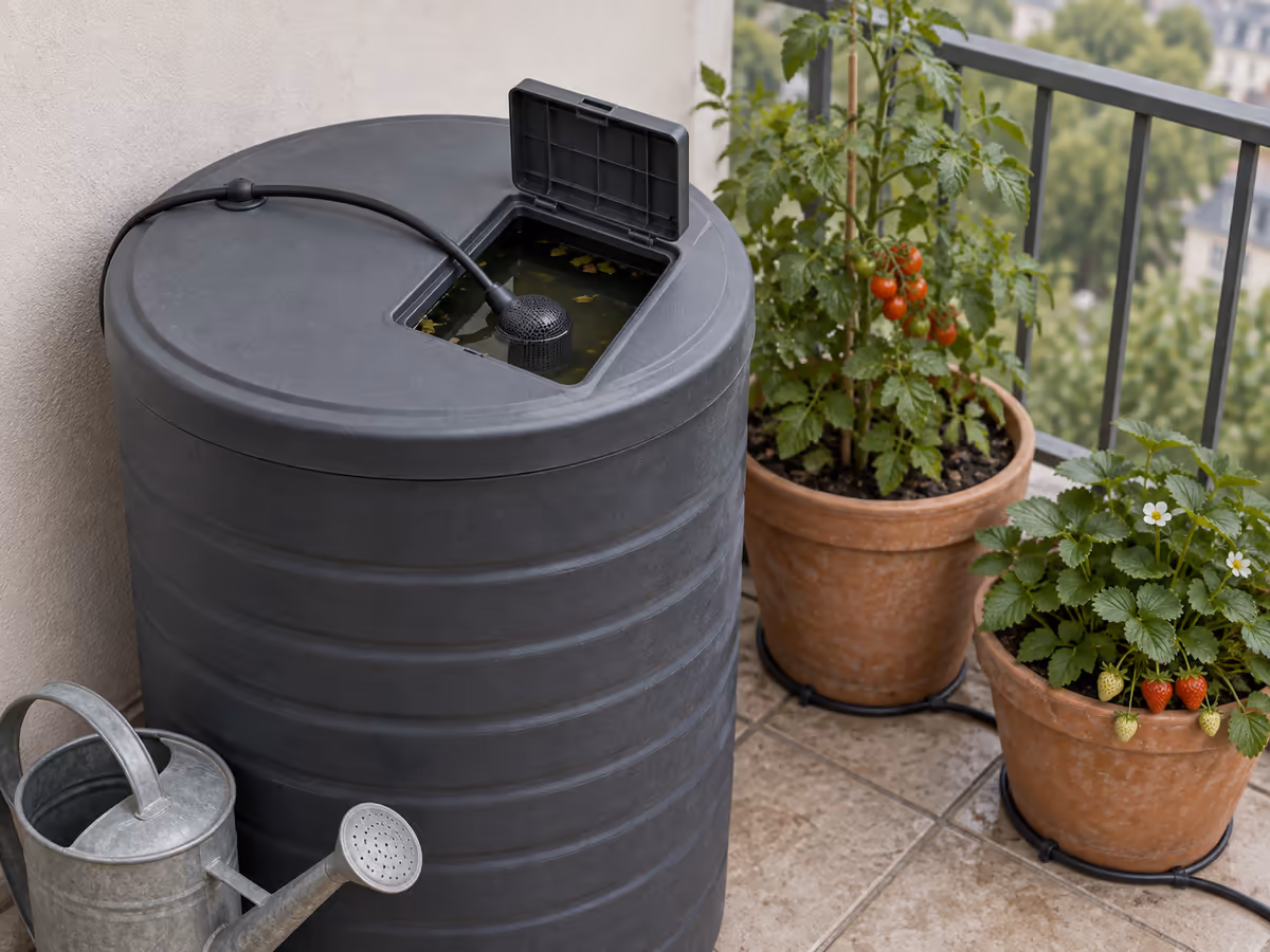 Récupérateur d'eau de pluie fermé par un couvercle, tube d'aspiration et filtre grille visibles à la surface, au pied de jardinières sur un balcon